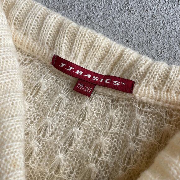 Y2K Cream Fringe Poncho – Mohair Blend Cozy Boho Knit Capelet - Picture 6 of 6